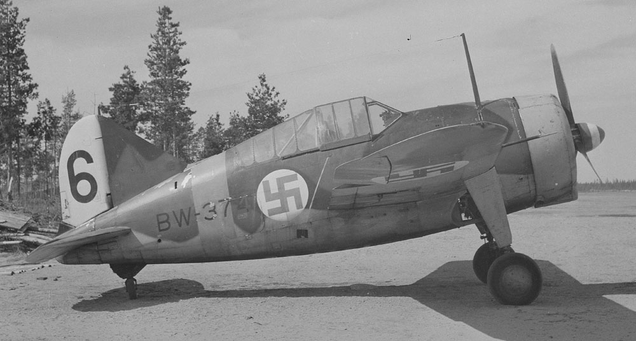 Finnish Air Force B-239. The Finnish Air Force employed a blue swastika as its symbol from 1918-1945. Before being co-opted by the Nazi Party, the swastika was an ancient symbol of the sun and good fortune.
